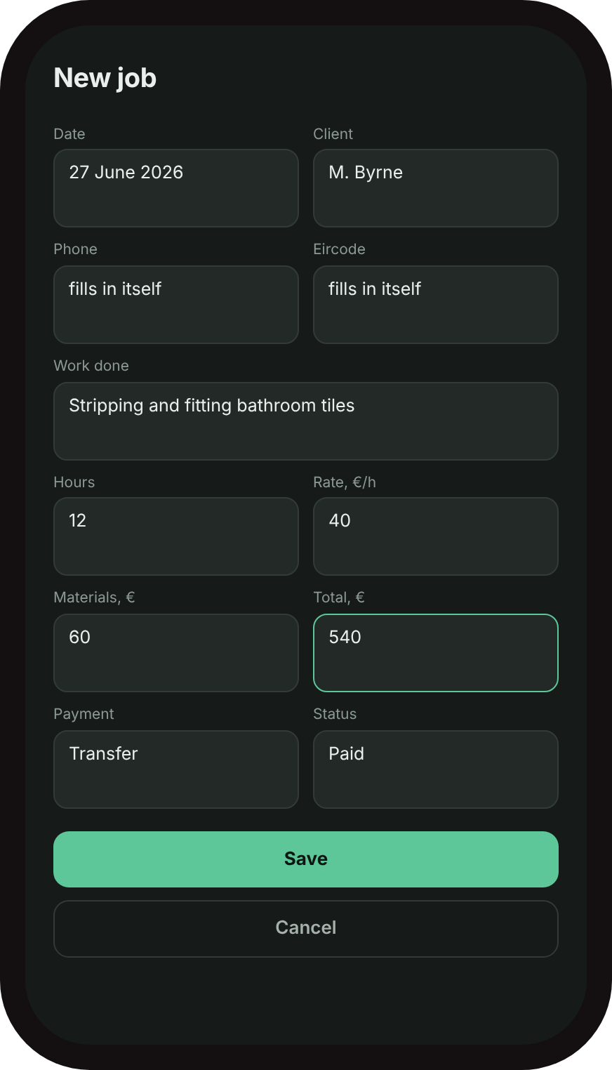 Job Book: new job form